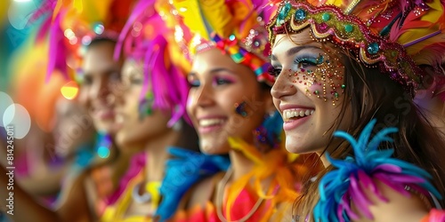 Girls capture selfies at Brazilian Carnaval street party parade in vibrant costumes. Concept Brazilian Carnaval, Vibrant Costumes, Girls Selfies, Street Party Parade