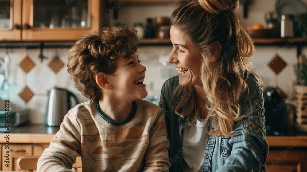 Joyful Mother and Son Laughing in the Kitchen Joyful Mother and Son Laughing in the Kitchen