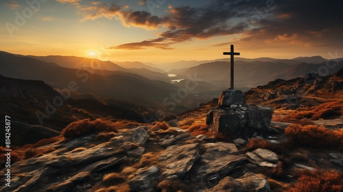 A serene sunset over a mountainous landscape with a symbolic cross on a rocky hilltop