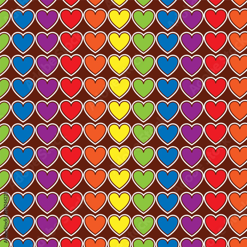 Colorful seamless pattern with LGBT symbols. Lesbians, gays, bisexuals, transsexuals. LGBT symbols and colors, flag, heart. Cartoon texture on a brown background for decoration and printing.