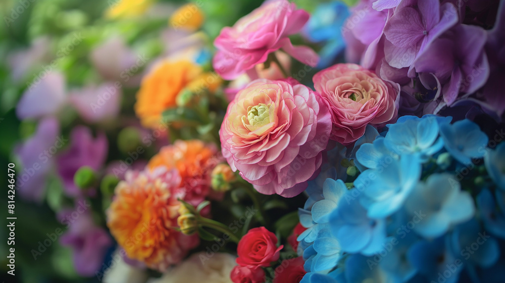 Arrangement of hydrangeas, ranunculus, and peonies, Blurred garden background for a dreamy look Arrangement of hydrangeas, ranunculus, and peonies, Blurred garden background for a dreamy look