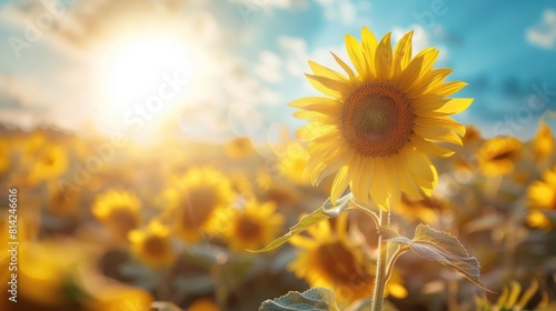 Sunflower Blossoming in Sunshine Against Blue Sky Backdrop