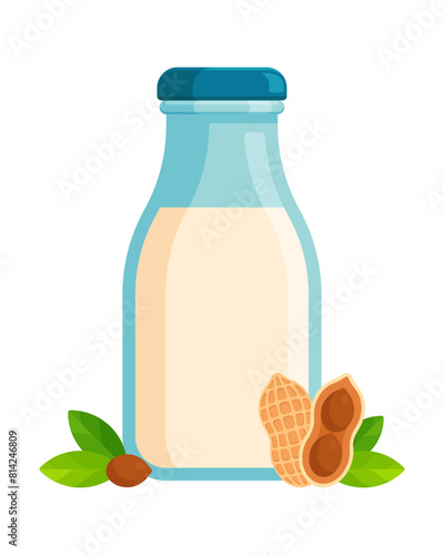 Peanut milk bottle flat icon isolated on white background. Dairy-free milk alternative concept for vegan and lactose-intolerant consumers. Perfect for use in product packaging and health food stores