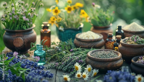 Visualize an herbal garden brimming with aromatic plants and flowers, their natural essences prized for their therapeutic properties