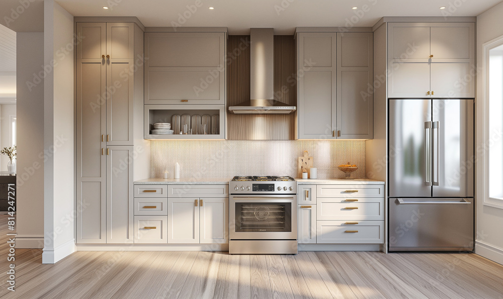 3d rendering, Minimalist kitchen with white cabinets, light brown wood paneling on the wall behind and an integrated refrigerator in stainless steel, with a sleek design that includes black elements 3d rendering, Minimalist kitchen with white cabinets, light brown wood paneling on the wall behind and an integrated refrigerator in stainless steel, with a sleek design that includes black elements