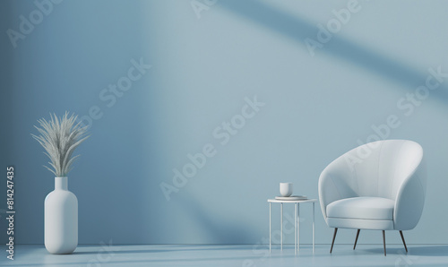 3d rendering  Minimalist plain blue wall background with chair and table  interior design of modern living room mockup template in the style of modern living room mockup template