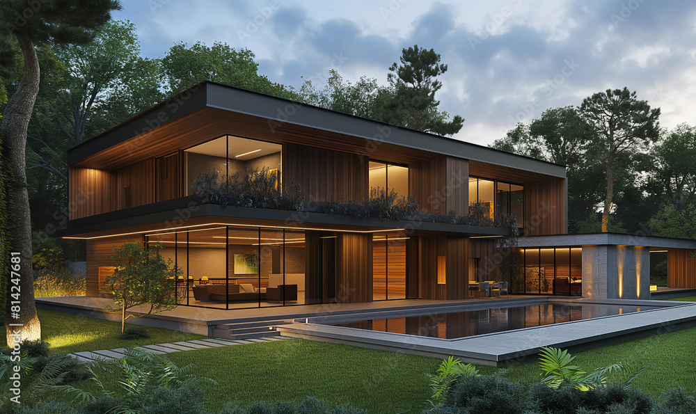 3d rendering, Modern house with wooden cladding and concrete walls, set in the garden at night with lighting effects. The scene includes an outdoor pool area, trees around for shading