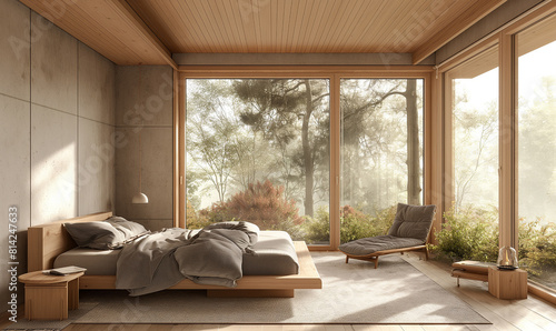 3D rendering of a bedroom with a wooden ceiling and floor, in a minimal interior design style, with light gray walls and gray bed linen