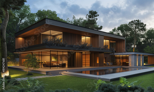 3d rendering, Modern house with wooden cladding and concrete walls, set in the garden at night with lighting effects. The scene includes an outdoor pool area, trees around for shading © 수동 김
