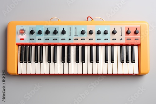 Yellow and white toy piano with rainbow colored keys. photo
