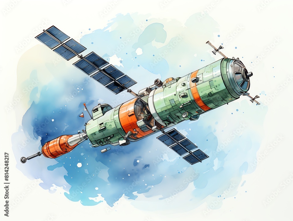 The watercolor painting shows a spaceship with solar panels extended. The watercolor painting shows a spaceship with solar panels extended.