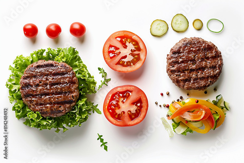 An image of a hamburger and its ingredients taken from above. The image shows the bun, beef patty, tomatoes, onions, lettuce, and other delicious ingredients that make up the burger
