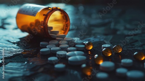 Visual Representation of the Opioid Epidemic: Scattered Prescription Pills Indicating Health Crisis photo