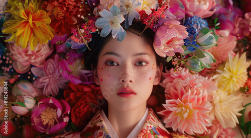 A beautiful Japanese woman wearing an elaborate kimono with flowers in her head and surrounded by colorful flowers