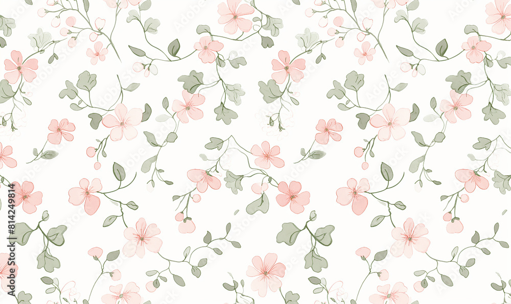 Light pink small flowers and gray leaves on cream background, simple flat pattern Light pink small flowers and gray leaves on cream background, simple flat pattern