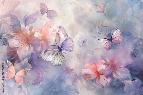 Delicate watercolor illustration of pastel butterflies and blooms, gentle, airy, serene, captivating, light, weaving through a garden of tranquility, depicting serenity, high resol photo