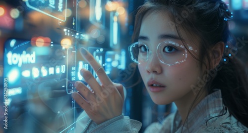 In the Foreground, Three Floating Transparent Screens Display Different Fashion Items and Shopping Icons in Blue Light. One Screen Shows an AI Interface with Two Asian Girls Smiling at Each Other