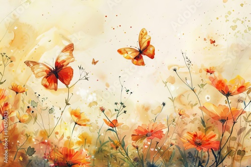 Dreamlike watercolor painting of butterflies flittering among blooming flowers, ethereal, peaceful, delicate, radiant, magical, capturing the fleeting beauty of nature, high resolu photo