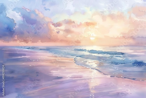 Dreamy watercolor depiction of a beach scene at dusk  soft  ethereal  tranquil  radiant  magical  with waves lapping the shore under a pastel sky  reflecting peaceful solitude  hig