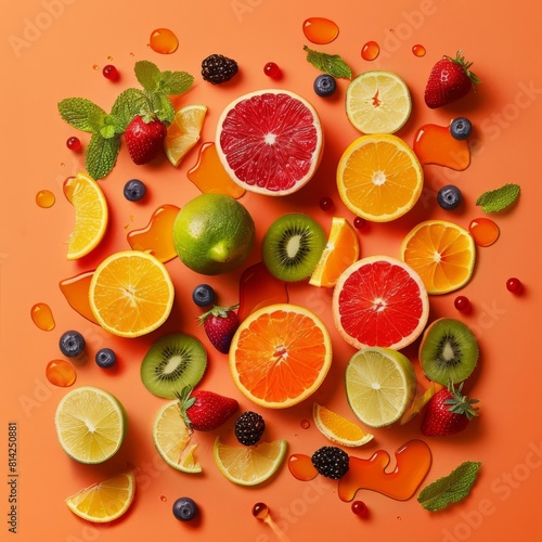 Nutritious and appealing setup of citrus fruits and berries  showcasing their vibrant colors on an orange base  great for a dietary supplement ad.