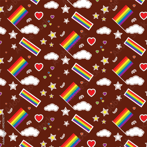 Colorful seamless pattern with LGBT symbols. Lesbians, gays, bisexuals, transsexuals. LGBT symbols and colors, flag. Cartoon texture on a brown background for decoration and printing.