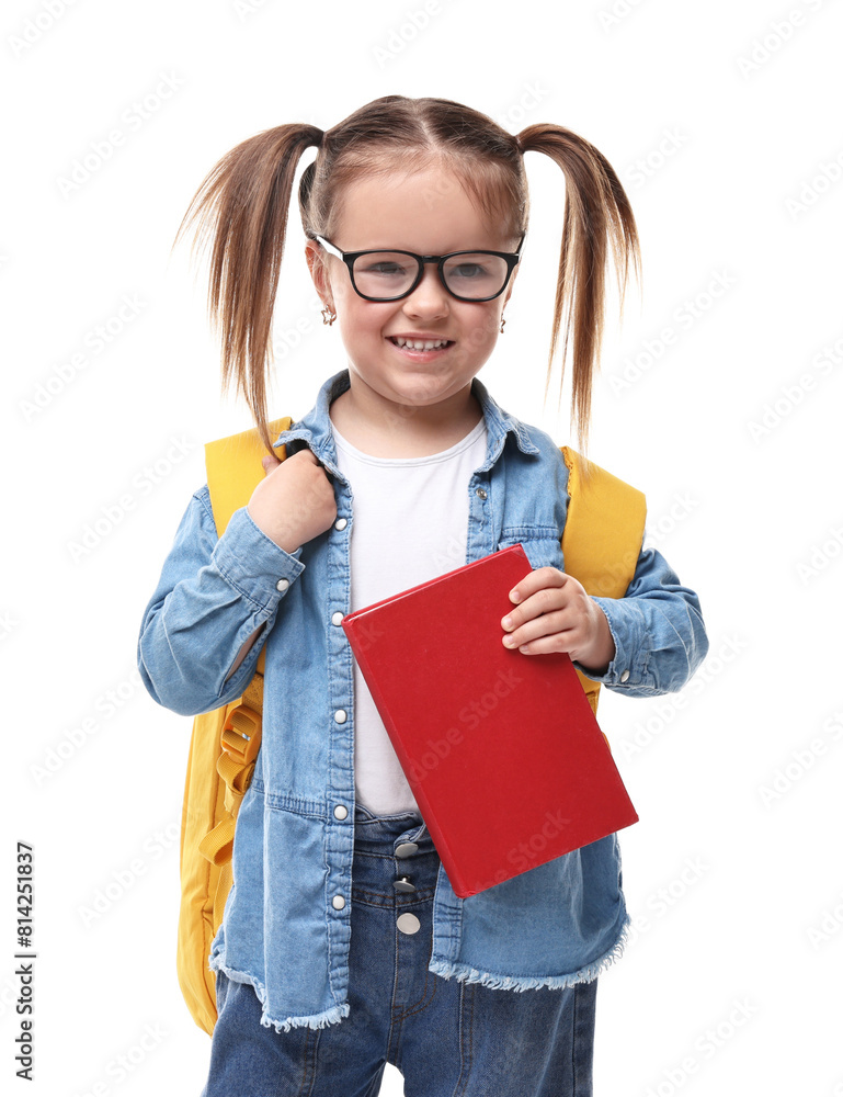 Cute little girl in glasses with book and backpack on white background Cute little girl in glasses with book and backpack on white background