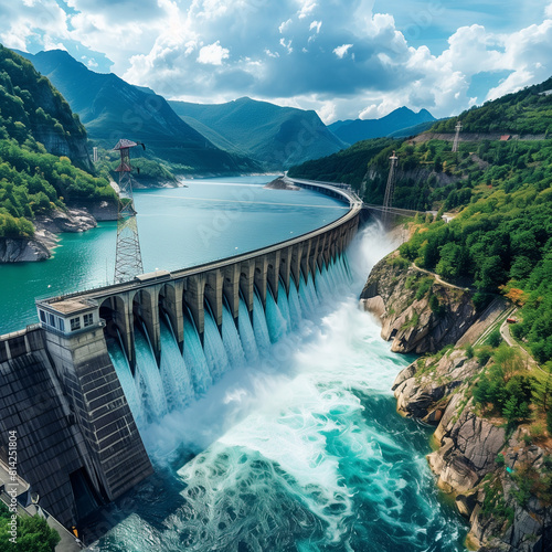 Large Hydroelectric Dam: Water Power Station with River View