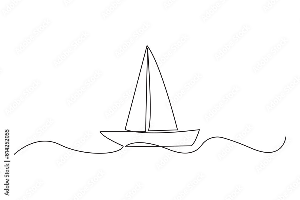 Minimalist Line Art Sailboat on Waves, Simple Design Minimalist Line Art Sailboat on Waves, Simple Design
