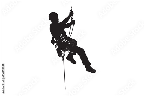 Rappelling climbing rope Silhouette vector isolated on a white background. Man climbing a rope silhouette vector.