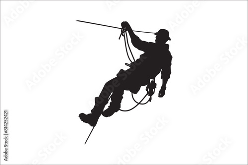 Rappelling climbing rope Silhouette vector isolated on a white background. Man climbing a rope silhouette vector.