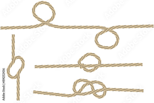 Vector rope knots. Nautical tying techniques. Beige twisted ropes. White background illustration.