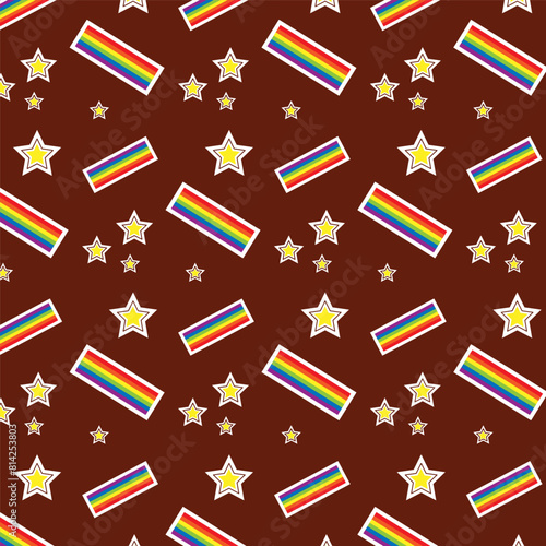 Colorful seamless pattern with LGBT symbols. Lesbians, gays, bisexuals, transsexuals. LGBT symbols and colors, flag. Cartoon texture on a brown background for decoration and printing.