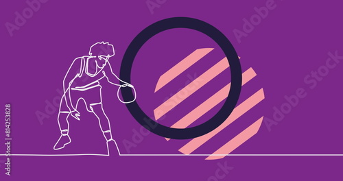 Image of drawing of male basketball player and shapes on purple background