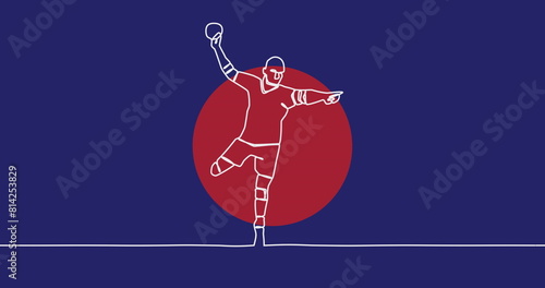 Image of drawing of male handball player throwing ball and red spots on blue background