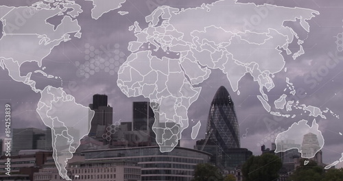 Image of world map and data processing over london cityscape