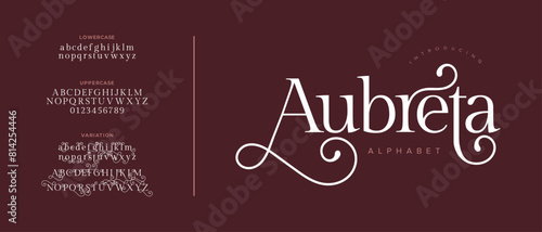 Aubreta elegant font alphabet uppercase lowercase and number. Classic lettering minimal fashion designs. Typography modern serif fonts regular decorative vintage concept. Vector illustration