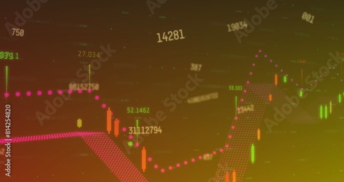 Image of changing numbers and financial data processing on orange gradient background