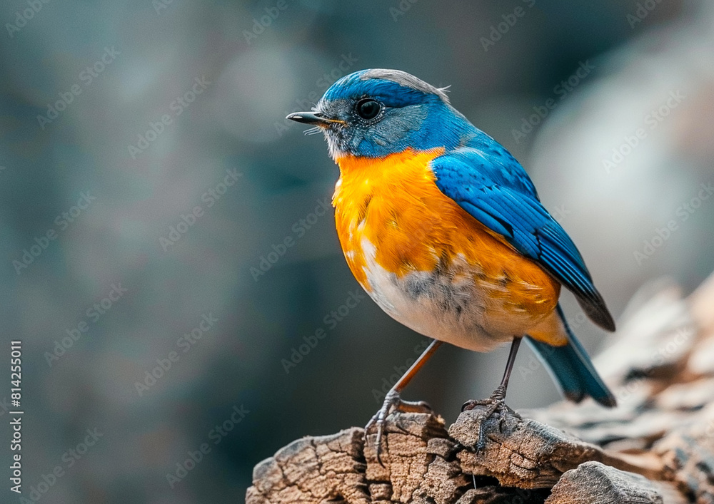 Fototapeta premium Fascinated blue and orange bird perching on thin wood.