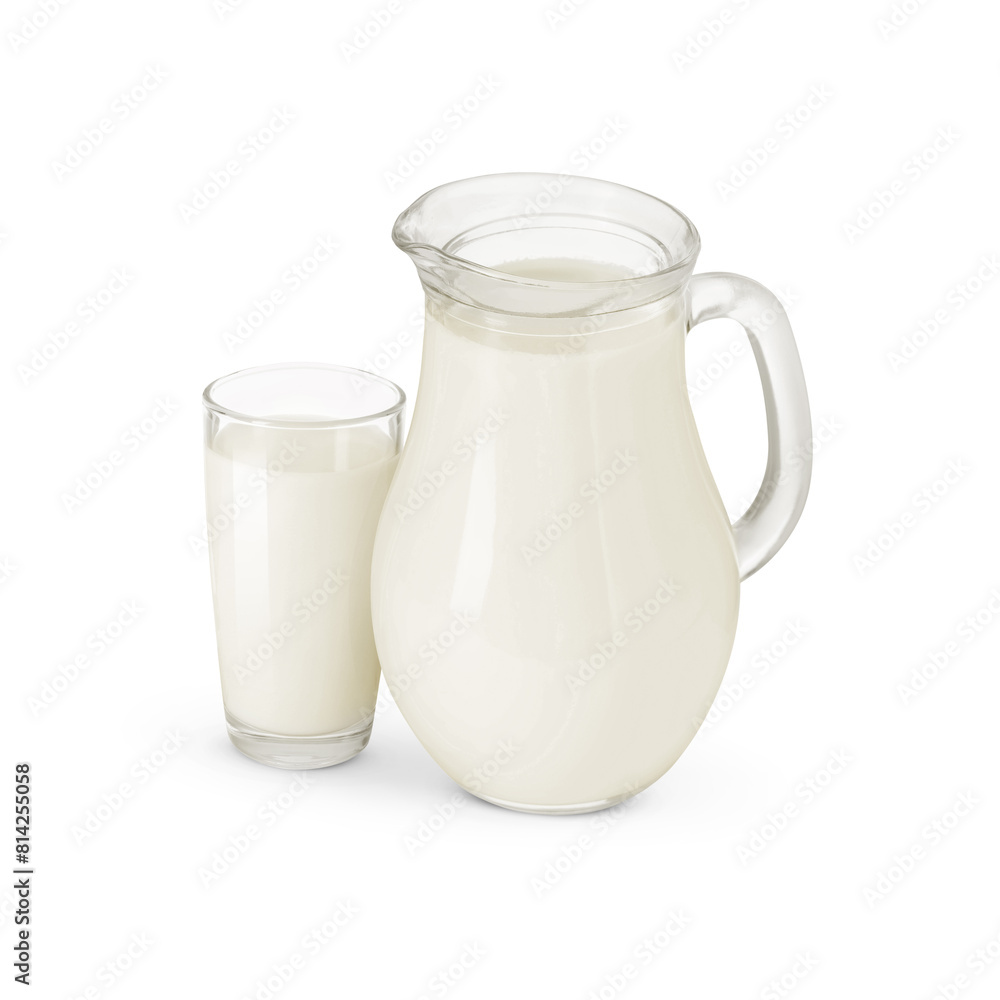 Glass and jug with milk isolated on white Glass and jug with milk isolated on white