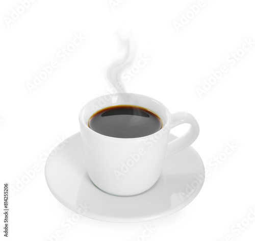 Steaming coffee in cup isolated on white