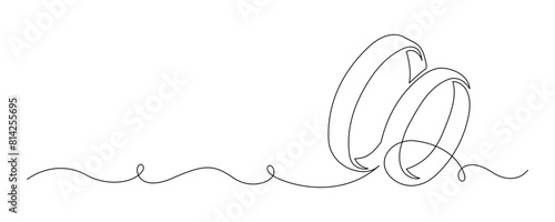 Two wedding rings in one continuous line drawing. Love and romantic concept and symbol proposal engagement for invitation in simple linear style. Editable stroke. Doodle outline vector illustration