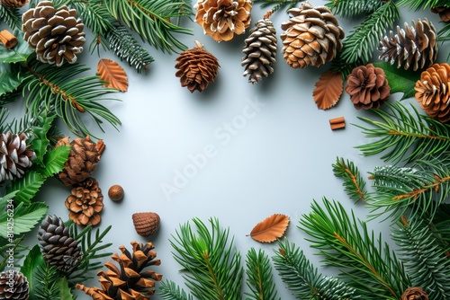 Pine Leaves and cones on white background. Christmas concept background with copy space. Pines and cones wallpaper  background. Christmas greeting card.
