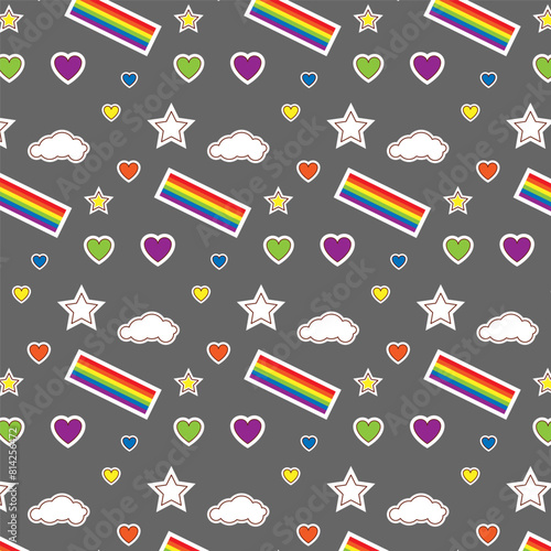 Colorful seamless pattern with LGBT symbols. Lesbians, gays, bisexuals, transsexuals. LGBT holiday colors, flag, heart, rainbow. Cartoon texture on a gray background for decoration and print.