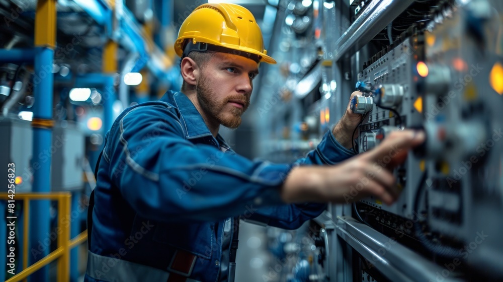 Engineer wearing safety suits and protective gear, the electrical engineer exemplifies diligence and professionalism. Engineer wearing safety suits and protective gear, the electrical engineer exemplifies diligence and professionalism.