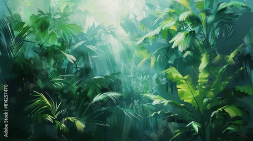 Abstract rainforest landscape with lush vegetation and vibrant greens