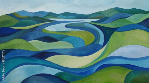 Abstract river landscape with winding waterways and soothing blues and greens photo