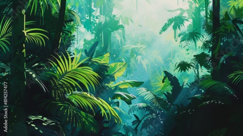 Abstract rainforest landscape with lush vegetation and vibrant greens