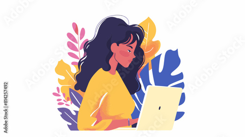 girl typing on laptop long hair flowers white background generative ai