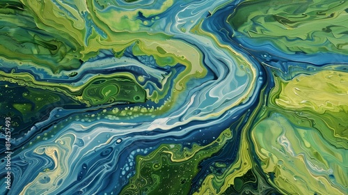 Abstract river landscape with winding waterways and soothing blues and greens