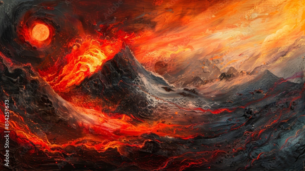 Abstract volcanic landscape with lava flows and fiery reds and oranges Abstract volcanic landscape with lava flows and fiery reds and oranges